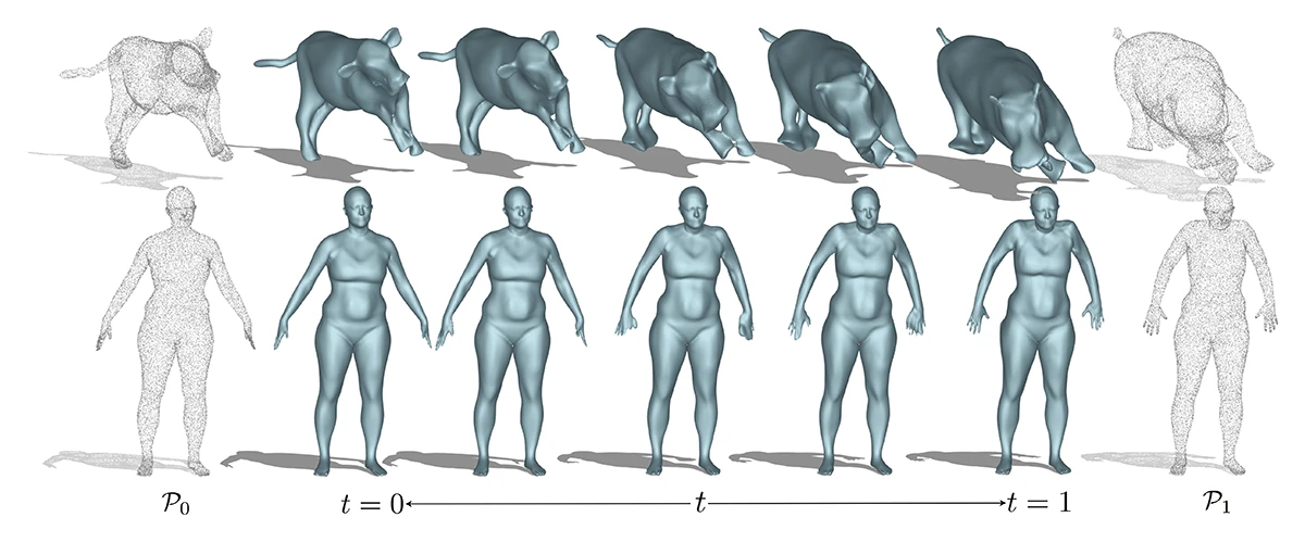 Visualization of smooth, physically plausible 3D shape deformation between two point clouds.
